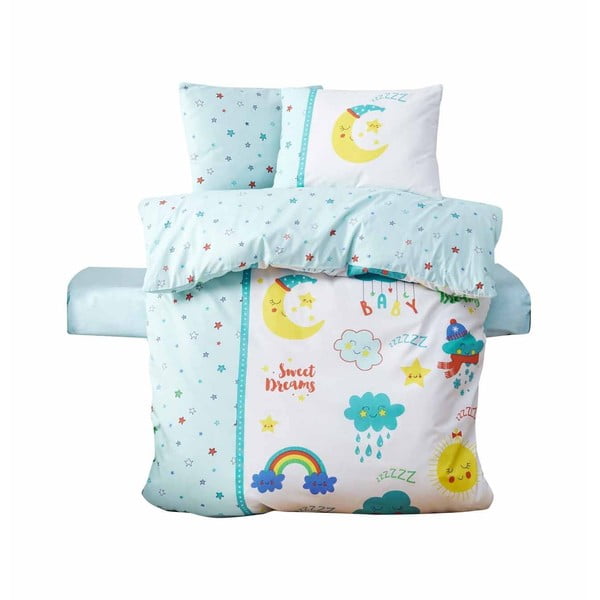 4-delna belo-mentolno zelena posteljnina za otroško posteljico iz renforce bombaža z rjuho 100x150 cm – Mijolnir