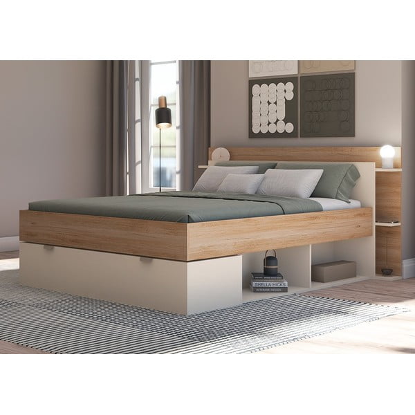 Bela zakonska postelja v hrastovem dekorju s prostorom za shranjevanje brez letvenega dna 140x190 cm Albo – Marckeric-image-2