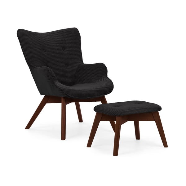 Črn fotelj z naslonjalom za noge iz rebrastega žameta Niko – Ropez