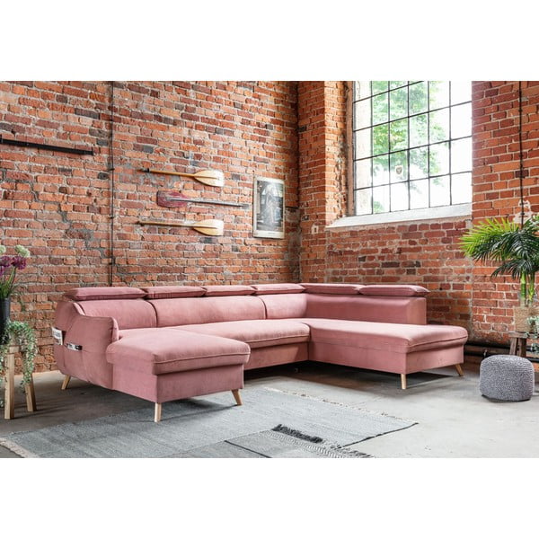 Svetlo rožnata žametna raztegljiva kotna sedežna garnitura (desni kot/v obliki črke "U") Sweet Harmony – Miuform-image-4
