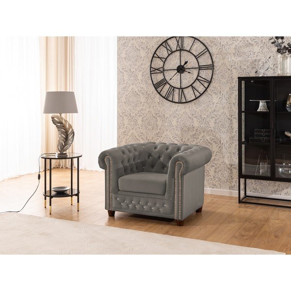 Siv žameten Chesterfield fotelj York Blik – Ropez-image-1