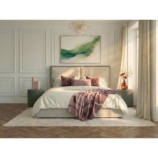Bež/sivorjava oblazinjena zakonska postelja s prostorom za shranjevanje z letvenim dnom 180x200 cm Mara – Bobochic Paris-image-3