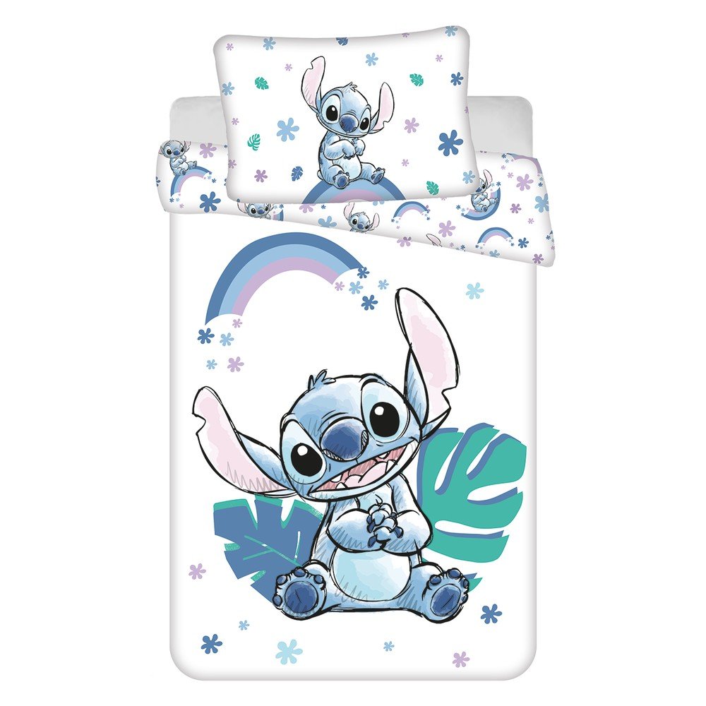 Bela/modra bombažna otroška posteljnina za otroško posteljico 135x100 cm Lilo and Stitch "Rainbow"