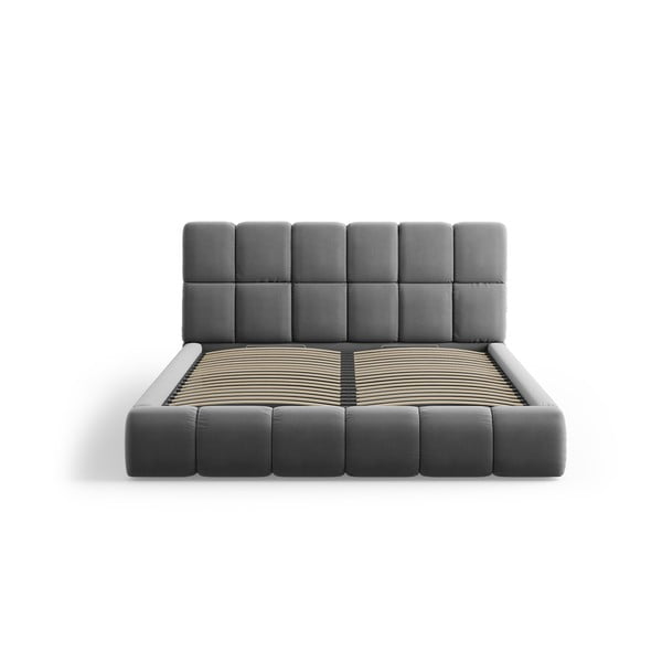 Siva žametna oblazinjena zakonska postelja s prostorom za shranjevanje in z letvenim dnom 180x200 cm Bellis – Micadoni -image-3