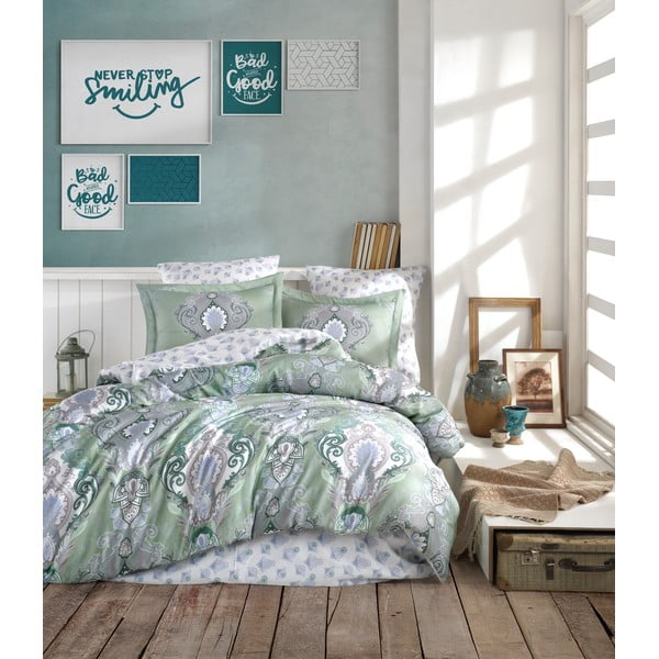 Zelena posteljnina iz bombažnega satena za zakonsko posteljo Primacasa by Türkiz Mavara, 220 x 240 cm