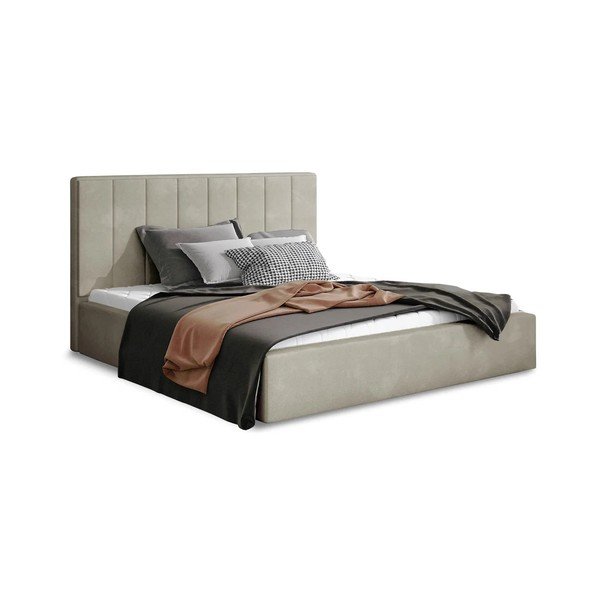 Bež oblazinjena zakonska postelja s prostorom za shranjevanje in z letvenim dnom 200x200 cm Audrey – ELTAP