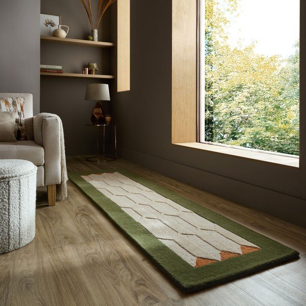Zelen/v naravni barvi ročno tkan volnen tekač 60x230 cm Apex Border Wool – Flair Rugs-image-1