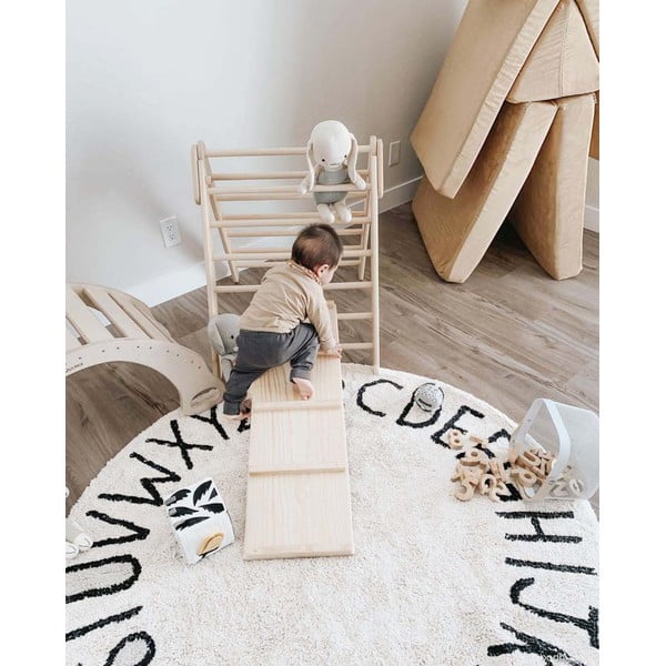 Kremno bela pralna ročno tkana bombažna otroška preproga ø150 cm ABC Natural Black – Lorena Canals-image-1