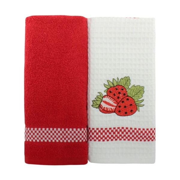 Komplet 2 rdeče-belih bombažnih brisač, 45 x 70 cm