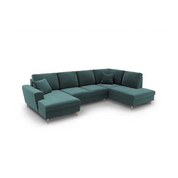 Modrozelena žametna raztegljiva kotna sedežna garnitura s prostorom za shranjevanje (desni kot/v obliki črke "U") Kyoto – Cosmopolitan Design-image-1