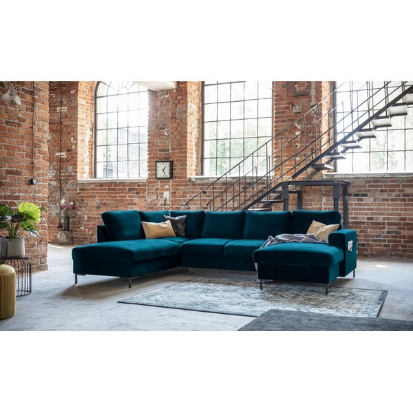 Modrozelena žametna raztegljiva kotna sedežna garnitura (levi kot) Lofty Lilly – Miuform-image-3