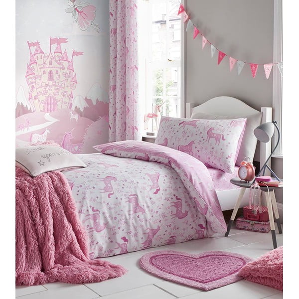 Roza posteljnina za zakonsko posteljo Catherine Lansfield Unicorn, 135 x 190 cm