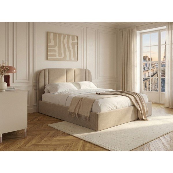 Bež oblazinjena zakonska postelja s prostorom za shranjevanje z letvenim dnom 160x200 cm Sidney – Bobochic Paris-image-1