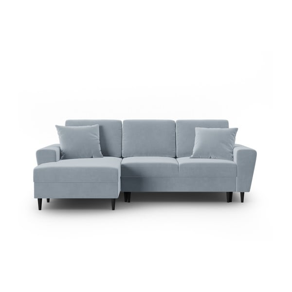 Svetlo modra žametna raztegljiva kotna sedežna garnitura s prostorom za shranjevanje (levi kot/z ležalnikom) Kyoto – Cosmopolitan Design