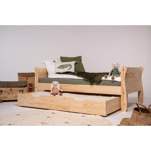 Otroška postelja iz masivnega bora z dodatnim ležiščem s prostorom za shranjevanje z letvenim dnom 90x190 cm v naravni barvi Roma – Adeko-image-1