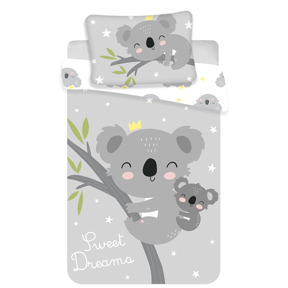 Siva bombažna otroška posteljnina za otroško posteljico 100x135 cm Koala "Sweet Dreams"