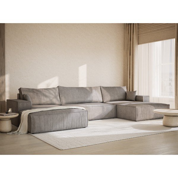 Sivo-bež raztegljiva/s prostorom za shranjevanje kotna sedežna garnitura iz šenilje (v obliki črke "U") Kyoto – Maison de Rêve-image-1