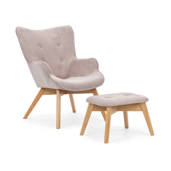 Svetlo rožnat fotelj z naslonjalom za noge iz rebrastega žameta Niko – Ropez