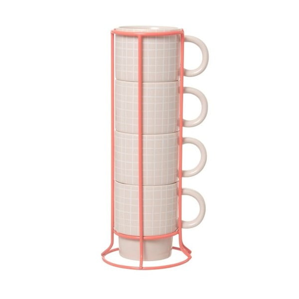 Komplet 4 lončkov s stojalom Cappuccino Grid Pink