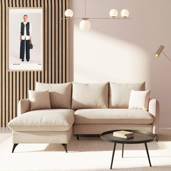 Bež raztegljiva kotna sedežna garnitura s prostorom za shranjevanje iz tkanine bouclé (levi kot/z ležalnikom) Brim – Rodier-image-1