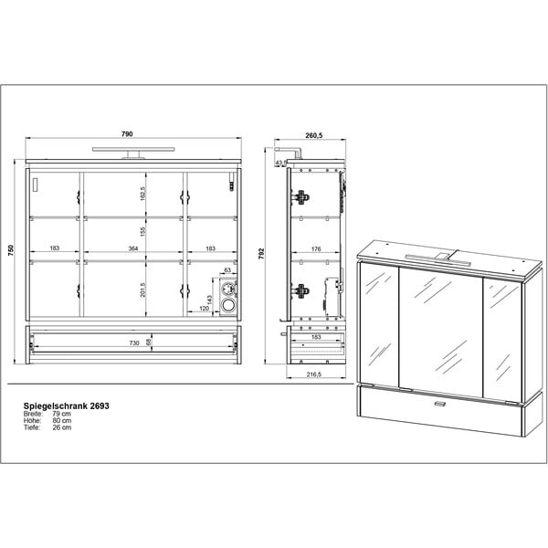 Antracitno siva kopalniška omarica z ogledalom in lučjo 79x80 cm Modesto – Germania-image-4
