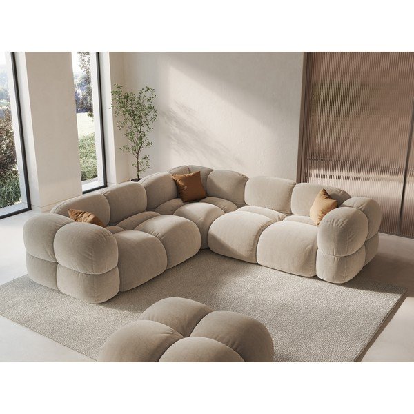 Bež žametna kotna sedežna garnitura Loretto – Cosmopolitan Design-image-1