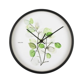 Zeleno-bela stenska ura v črnem okvirju Karlsson Eucalyptus, ø 26 cm