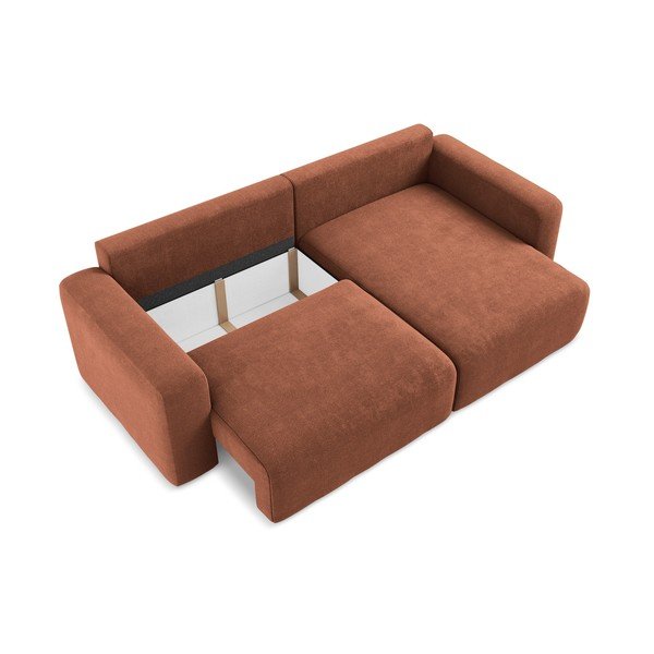 Raztegljiva/s prostorom za shranjevanje kotna sedežna garnitura iz šenilje v barvi terakote (desni kot/z ležalnikom) Kona – Makamii-image-4