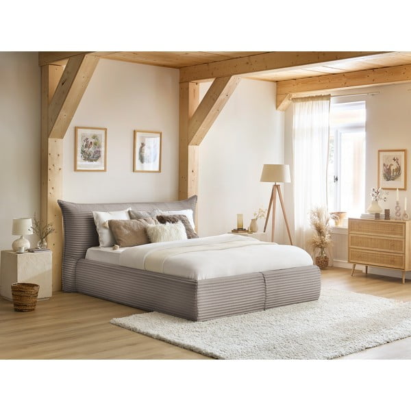 Bež oblazinjena zakonska postelja s prostorom za shranjevanje z letvenim dnom 160x200 cm Jade – Bobochic Paris-image-1