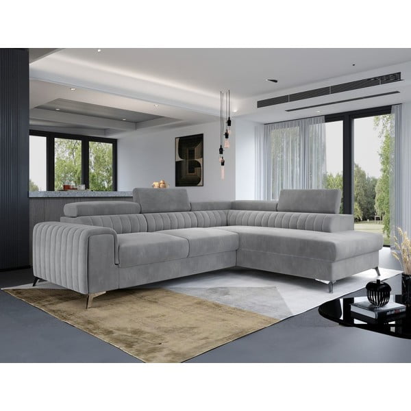 Siva žametna raztegljiva/s prostorom za shranjevanje kotna sedežna garnitura (desni kot/v obliki črke L) Laurence – ELTAP-image-4