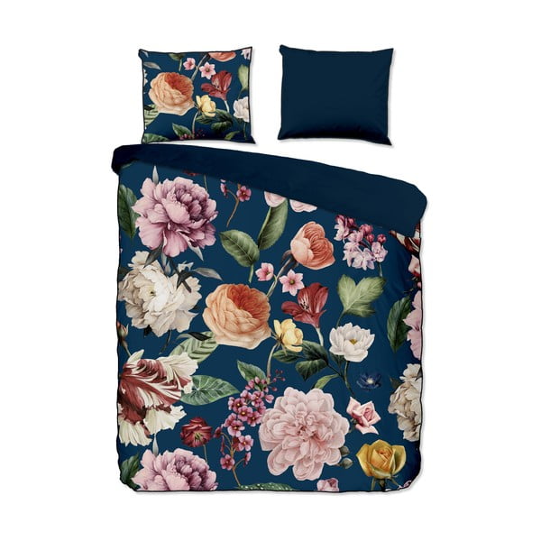 Temno modra podaljšana posteljnina za zakonsko posteljo iz bombažnega satena 200x220 cm Fiori – Descanso