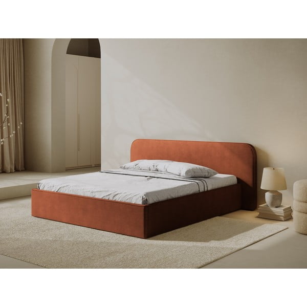 Opečnato oranžna oblazinjena zakonska postelja s prostorom za shranjevanje in z letvenim dnom 160x200 cm Elizabeth – Micadoni -image-1
