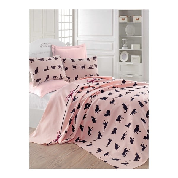 Rožnato pregrinjalo za posteljo Mijolnir Cats, 160 x 230 cm