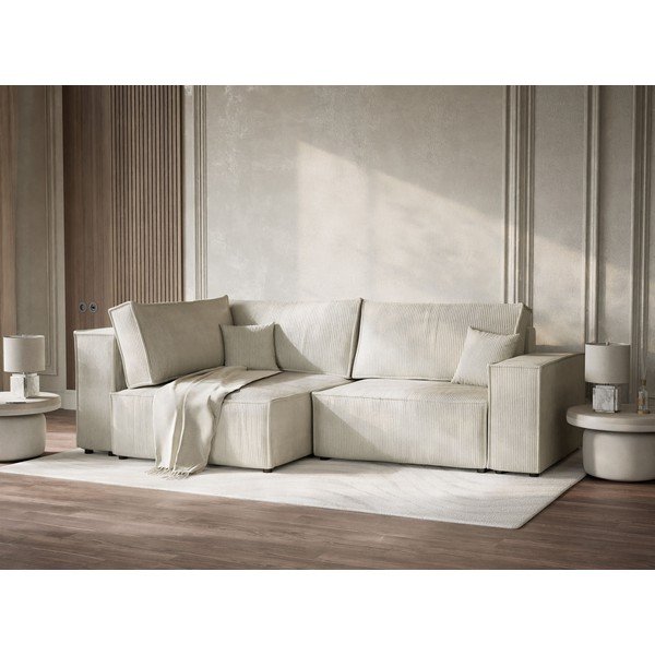 Kremno bela raztegljiva/s prostorom za shranjevanje kotna sedežna garnitura iz rebrastega žameta (levi kot/v obliki črke L) Tonga – Maison de Rêve-image-4