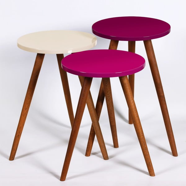 Komplet 3 okroglih stranskih mizic Kate Louise (vijolična, krem)