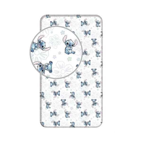 Bela napenjalna enojna bombažna otroška rjuha 90x200 cm Lilo and Stitch "Ohana White"  – Jerry Fabrics