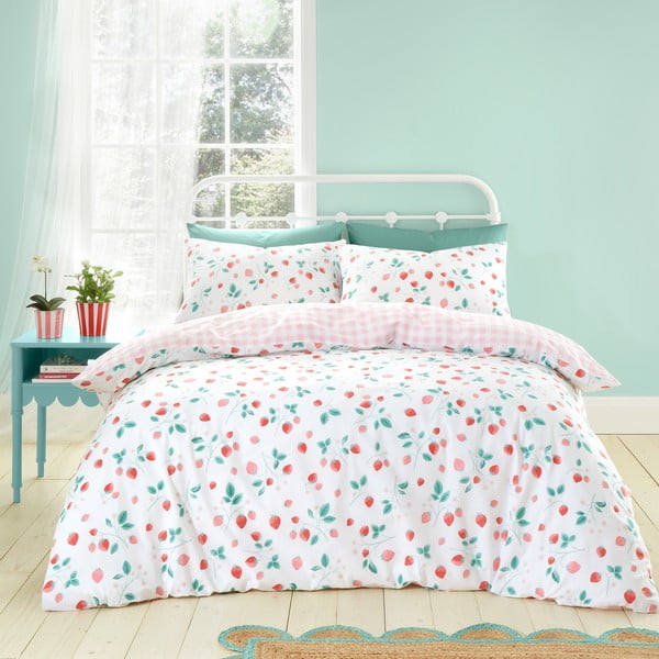 Bela/rožnata posteljnina za zakonsko posteljo 200x200 cm Strawberry Garden – Catherine Lansfield