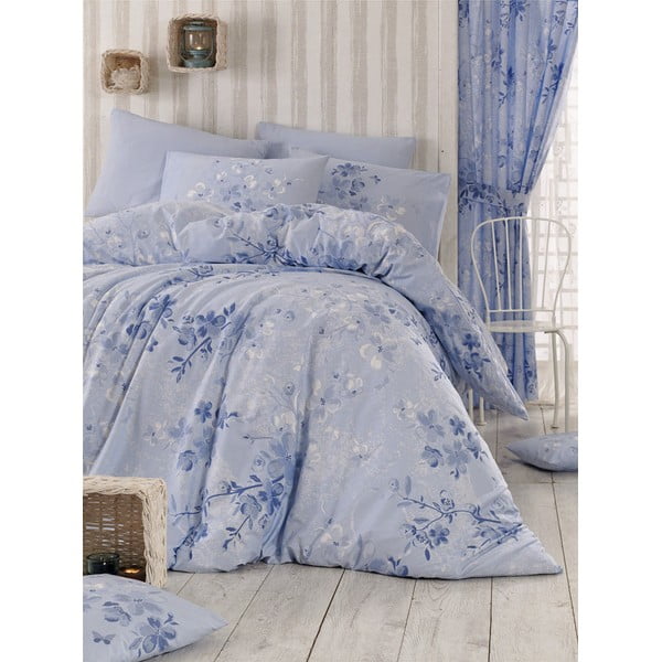 Svetlo modra podaljšana bombažna posteljnina za zakonsko posteljo z rjuho in pregrinjalom 220x240 cm Elena - Mijolnir