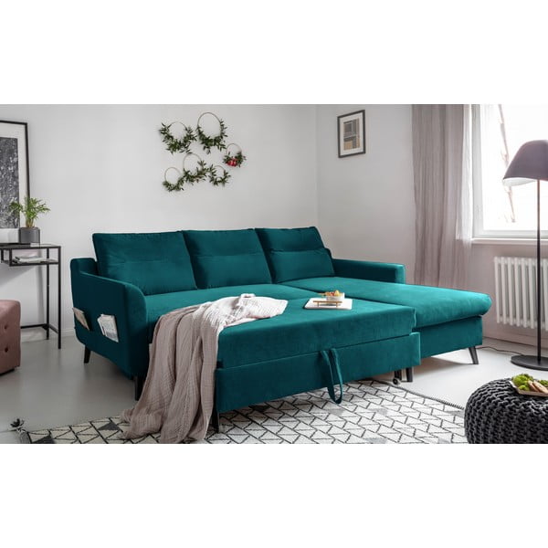Turkizna žametna raztegljiva sedežna garnitura Miuform Stylish Stan, desni kot-image-4