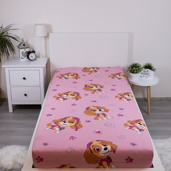 Rožnata napenjalna enojna bombažna otroška rjuha 90x200 cm Paw Patrol – Jerry Fabrics-image-1