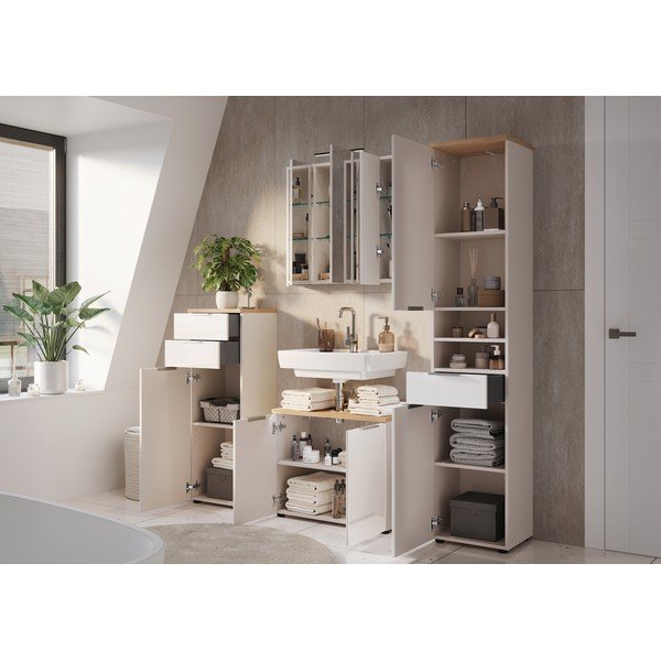 Kremno bela visoka/ozka kopalniška omarica v sijajnem dekorju 39x190 cm Tavira – Germania-image-4