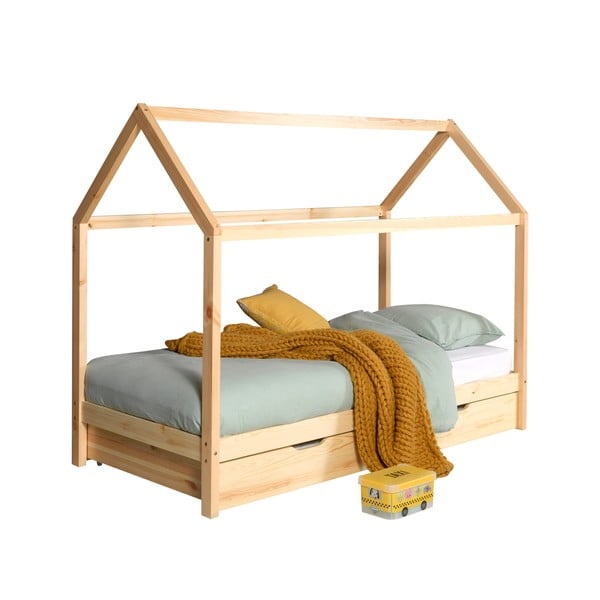 Otroška postelja iz masivnega bora v obliki hiške z dodatnim ležiščem in prostorom za shranjevanje 90x200  DALLAS – Vipack