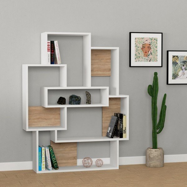 Bela knjižna omara s hrastovimi detajli Barce White Oak-image-1