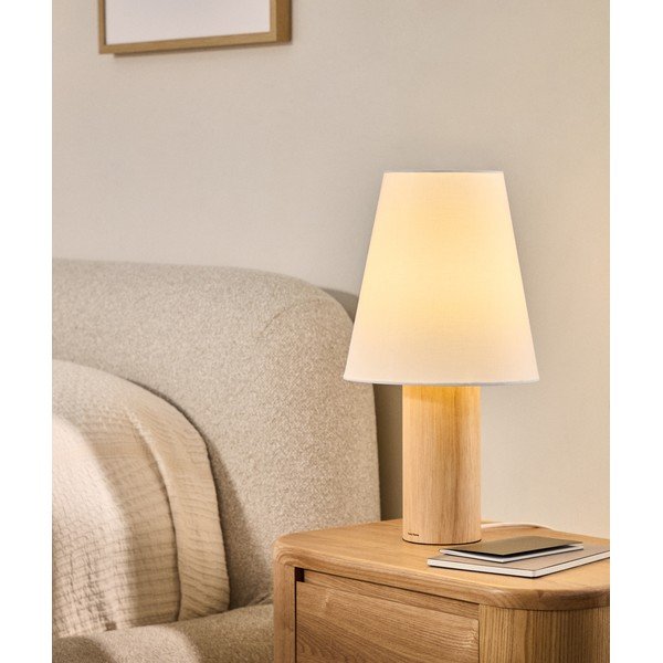 Bela/v naravni barvi namizna svetilka iz masivnega kavčukovca s tekstilnim senčilom (višina 49,5 cm) Marga – Kave Home-image-1