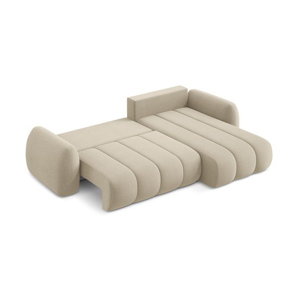 Svetlo rjava raztegljiva kotna sedežna garnitura iz tkanine bouclé s prostorom za shranjevanje (desni kot/z ležalnikom) Pele – Makamii-image-4