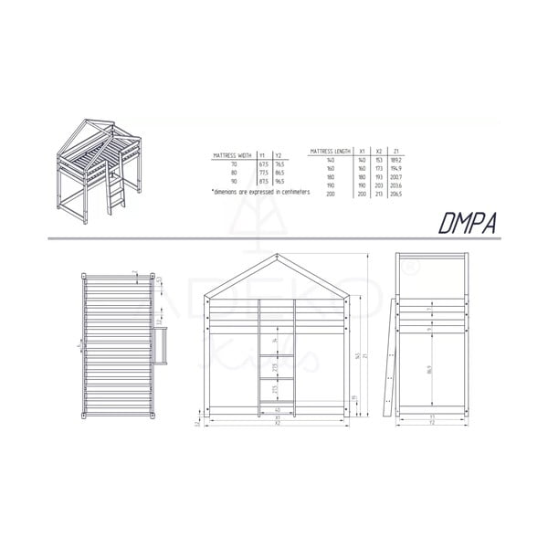 Dvignjena otroška postelja iz masivnega bora v obliki hiške 90x160 cm – Adeko-image-3