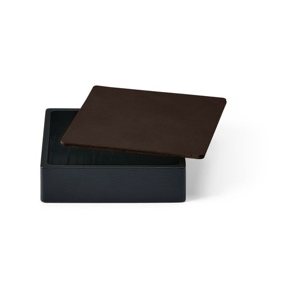 Črno-rjava dekorativna škatla za shranjevanje s pokrovom iz lesa in eko usnja 11x11x3,5 cm Square Nupo – LIND DNA-image-1