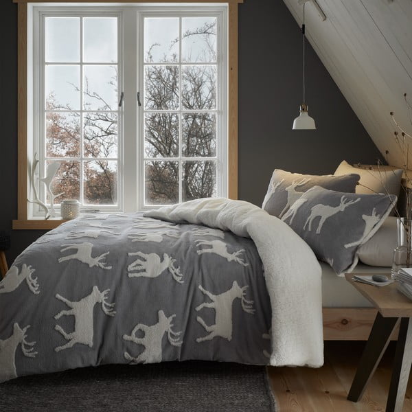 Belo-siva posteljnina 200x200 cm Stag Sherpa - Catherine Lansfield-image-1