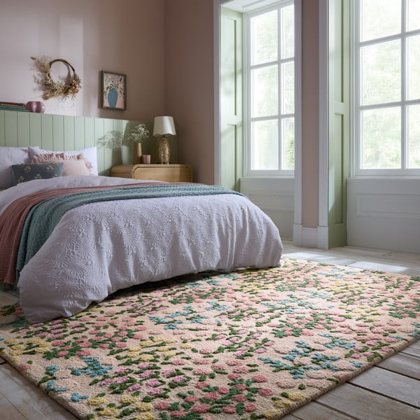 Kremno bela ročno tkana volnena preproga 200x290 cm Emilia Floral – Flair Rugs-image-1