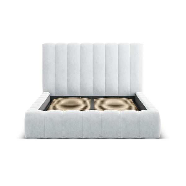 Svetlo siva oblazinjena zakonska postelja s prostorom za shranjevanje z letvenim dnom 160x200 cm Kelp – Micadoni Home-image-3